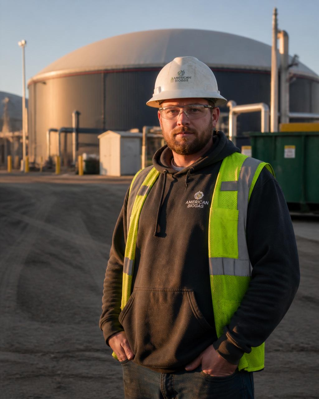 BioTown Ag plant operator in a hard hat in front of a digester tank