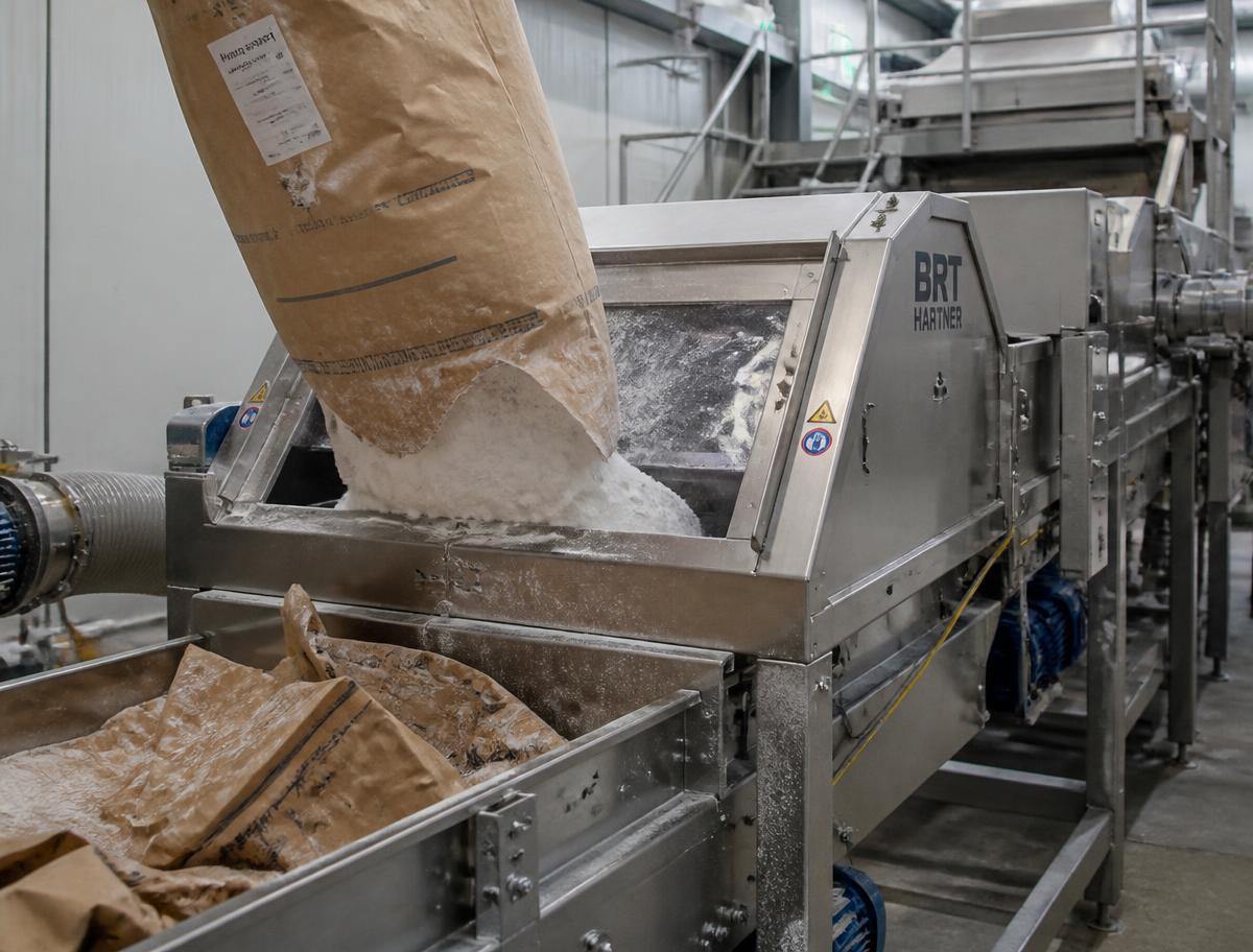 Depackaging line separating packaged food from its packaging
