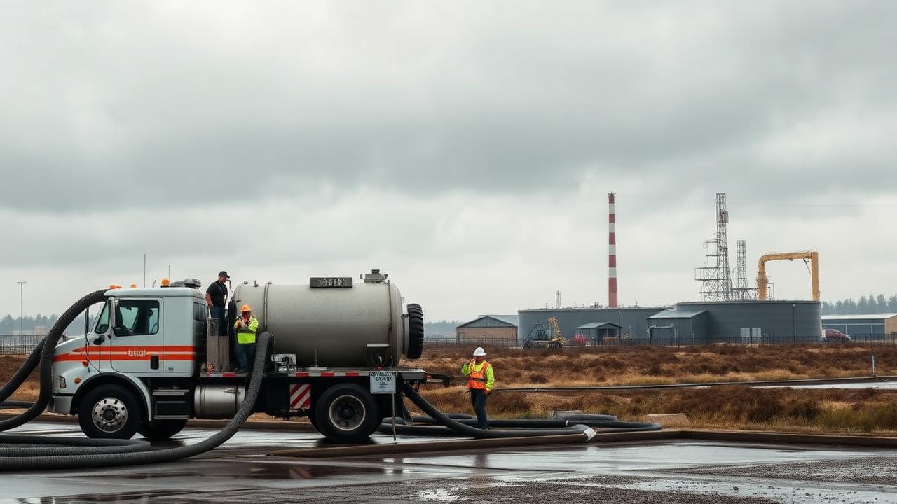 Vacuum truck crew running an industrial tank and lagoon cleanout