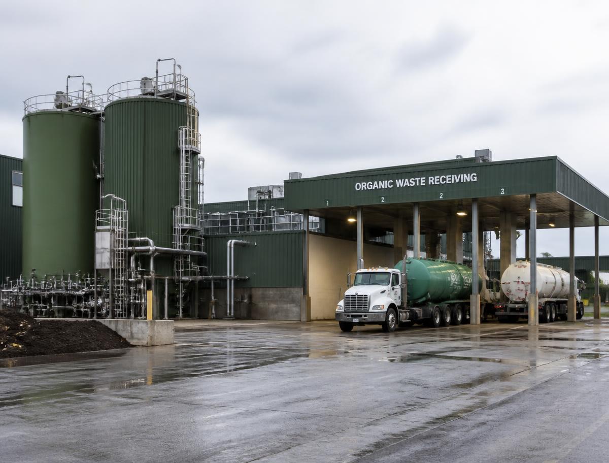 Roll-off container loaded with organic processing waste at a dock