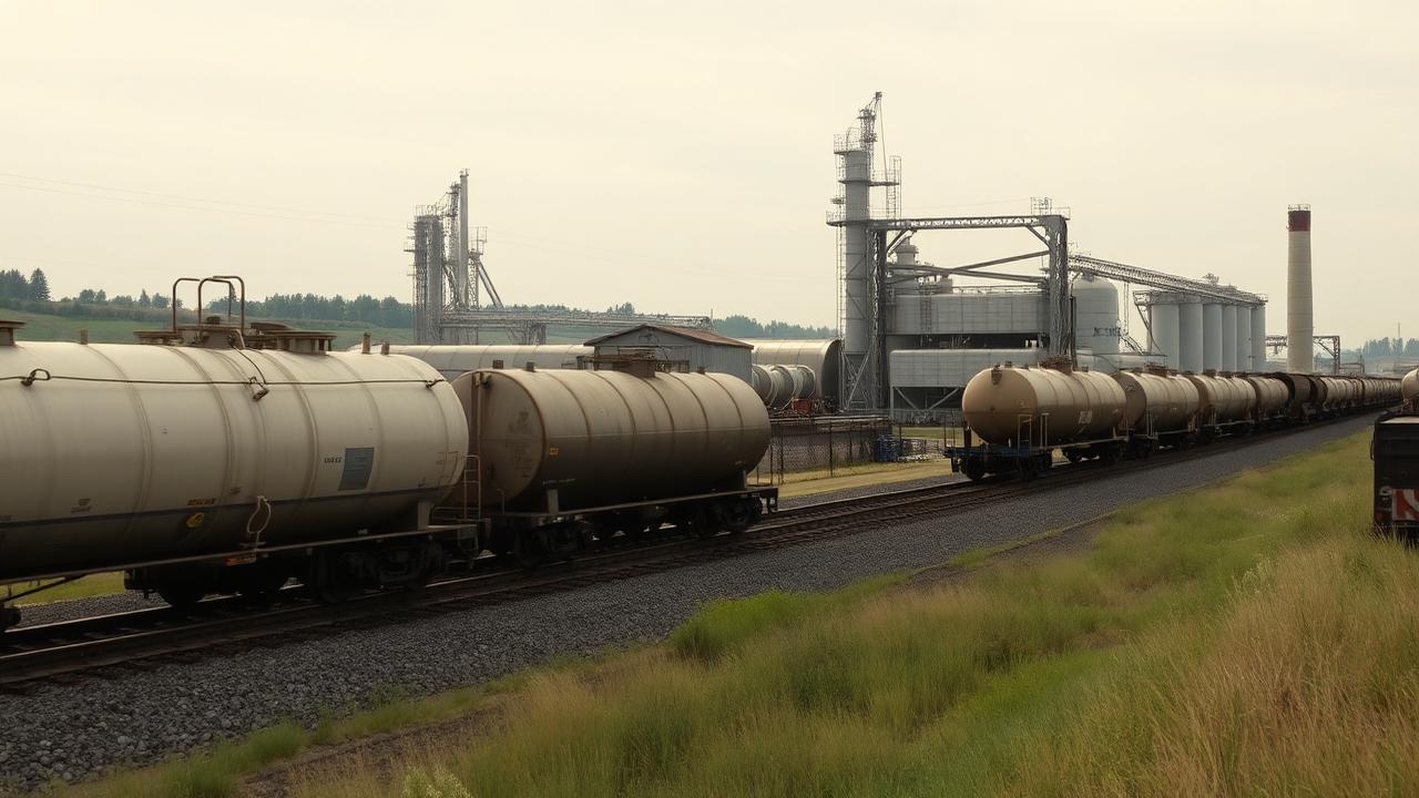 Rail tank cars on the spur at a rail-served processing plant