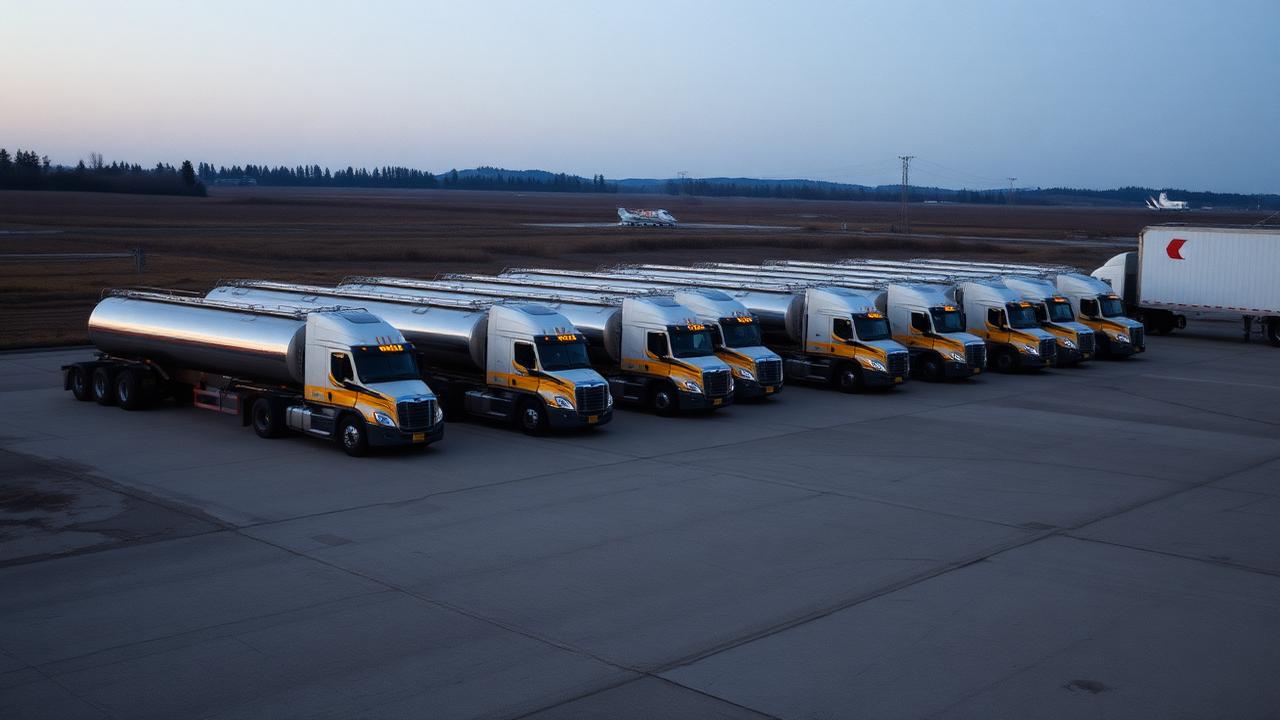 Fleet of tanker and walking-floor trucks staged in the yard